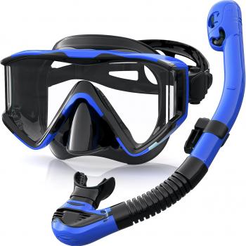 Greatever Snorkel Set Pano 3 Window Snorkel Mask Adult, Panoramic Wide View, Anti-Fog Scuba Diving Mask, Anti-Leak Snorkel Goggles Dry Top Snorkel, Professional Snorkeling Gear for Adults