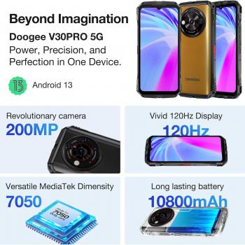 DOOGEE V30 PRO 5G Rugged Smartphone Unlocked, 32GB+512GB/2TB TF Dimensity 7050 Octa Core Waterproof Android 13 Mobile Phones, 10800mAh, 200MP Main Camera Dual Sim Cell Phone/WiFi6/OTG/NFC - Khaki