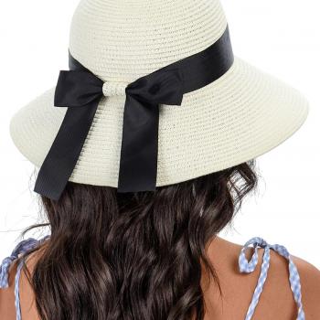 Sun Straw Hat for Women with Wind Lanyard Wide Brim Foldable Beach Summer Hats Womens UV 50+ Protection Bowknot Cap