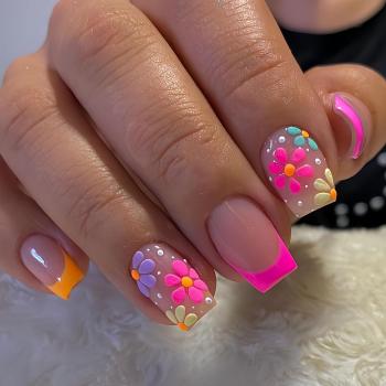 Flower Press on Nails Short Square Spring Summer Fake Nails, Colorful Flowers French Acrylic Nails Kits, Nude Glossy Gel False Nails Stick Glue on Nails Tip Manicure 24Pcs