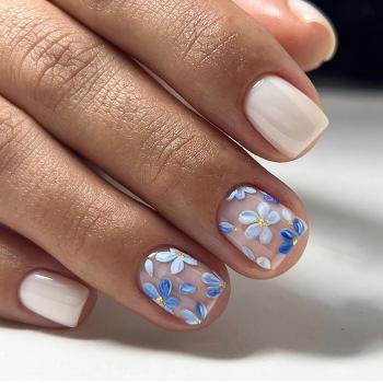 Extra Short Press on Nails RIICFDD Short Square Fake Nails Nude Full Cover Stick on Nails with Blue Floral Designs Acrylic False Nails Spring Press on Nail for Women and Girls 24 Pcs