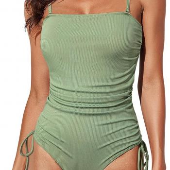 Aleumdr Women's Ribbed One Piece Tummy Control Swimsuit Cheeky Tie Side High Cut Bathing Suit Swimwear