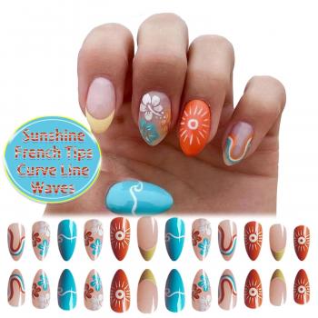 24Pcs Summer Sun Press on Nails French Tips Manicure Art Medium Almond Acrylic False Nails Stick on Nails with Waves Design, Glossy Colorful Curve Line Fake Nails Gel Glue on Nails for Women Girls