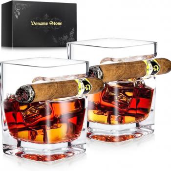 Cigar Whiskey Glasses Set of 2-12oz Old Fashioned Glass With Side Mounted Holder Rest - Crystal Wine Cup for Cocktails, Scotch, Bourbon, Gifts for Men