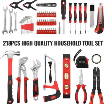 TLGREEN 218 Piece Tool Kit, Fathers Day Gifts Tool Set Mechanics Kit, Portable Tool Box Set with Saw Adjustable Wrench Drive Socket Combination Wrench, with Plastic Toolbox, for Home Apartment Garage