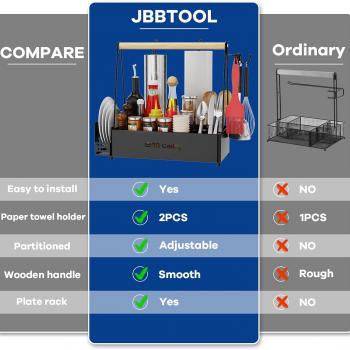 Grill Caddy for Outdoor Grill with 2 Paper Towel Holder, Wood Handle & 3 Hooks, Camper Accessories, Condiment Caddy, Plates, Cutlery, and BBQ Organizer for Camping Outdoor, RV