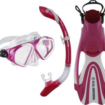 U.S. Divers Cozumel Adult Snorkel Set - Anti-Fog PC Lens, Easy-Adjust Mask Buckles, Dry Top Snorkel, Adjustable Fin Buckles - Explore Series Unisex Adult, Small, Gray/Dark Pink,SR3981022S