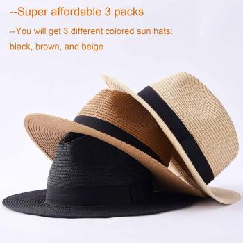 3PCS Womens Wide Brim Beach Hat Roll up Panama Straw Sun Hat Fedora Summer UV Protection Floppy Hat (Black+Brown+Beige)