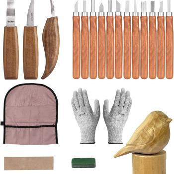 SainSmart Wood Carving Tools, 20 in 1 Wood Knife Deluxe Set Includes Hook Carving Knife, Whittling Knife, Detail Knife, and SK2 Carbon Steel Carving Knives, for DIY Enthusiasts, Carving Basswood