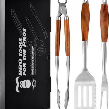 Heavy-Duty Rose Wooden BBQ Grilling Tools Set. Extra Thick Stainless Steel Multi-Function Spatula, Fork & Tongs | Essential Accessories for Barbecue & Grill. Ideal Gift for Father…