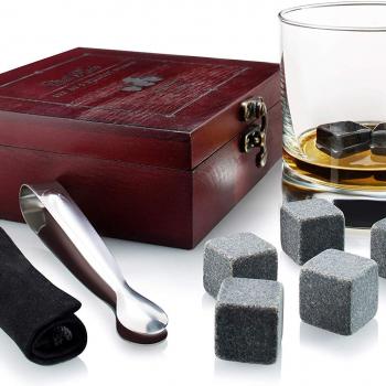 Gift Set of 8 Whiskey Chilling Stones [Chill Rocks] - in Premium Wooden Gift Box with Stainless Steel Tongs and Velvet Carrying Pouch - Made of Pure Soapstone - by Quiseen
