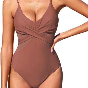 ZAFUL One Piece Swimsuit for Women V Neck Mesh Cutout Swimwear Cross Front Tummy Control Push Up Bathing Suit