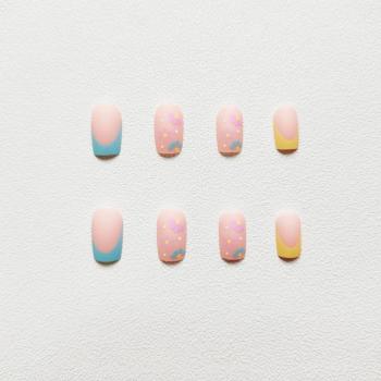 French Tip Press on Nails Square Fake Nails Medium False Nails with Colorful Flower Design Spring Summer Cute Floral Acrylic Nails Full Cover Glossy Artificial Nails Stick on Nails for Women 24Pcs