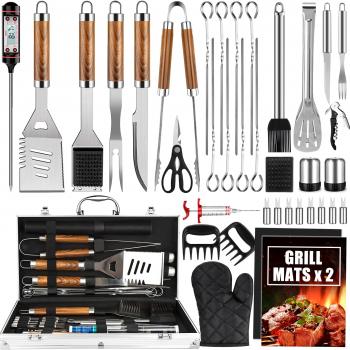 BBQ Grill Utensils Set for Camping/Backyard, 38Pcs Stainless Steel Grill Tools Grilling Accessories with Barbecue Mats, Aluminum Case, Thermometer for Men Women