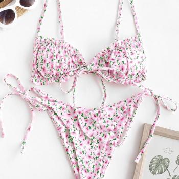 ZAFUL Women's Ditsy Floral Printed Swimsuit Underwired Knotted String Triangle Bikini High Cut Cheeky Bikini Set