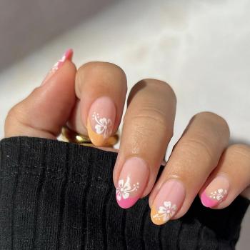 Press on Nails Almond False Nails Full Cover with Flower Designs Acrylic Nails Short French Tip Sticks on Nails for Women Girls Nails Supplies Decorations 24pcs