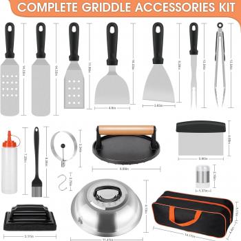 Griddle Accessories Kit, 29 PCS Flat Top Grill Accessories Set for Blackstone and Camp Chef, Metal Grill Spatula Set with Basting Cover, Burger Press, Tongs, Carry Bag for Outdoor Grilling BBQ