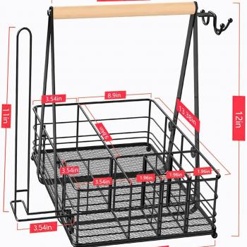 Picnic Caddy and Grill Utensil Caddy,Condiment Caddy, Grill-Caddy,Adjustable Compartment Storage,with 3 Hooks,Sturdy Thick,Easy Carry,Quick Assemble Grill Accessories Storage-Black