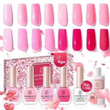 AZUREBEAUTY 4 Colors Vegan Nail Polish Set, Hot Pink Jelly Neon Summer Quick Dry Natural Nail Lacquer Strengthening Treatment Kit with Top Coat & Nail Polish Remover for Women Girl Nail Lovers Gift