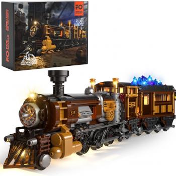 FUNWHOLE Train Lighting Building Bricks Set - Steampunk Ore Train LED Light Building Set 1056 Pieces for Adults and Teens