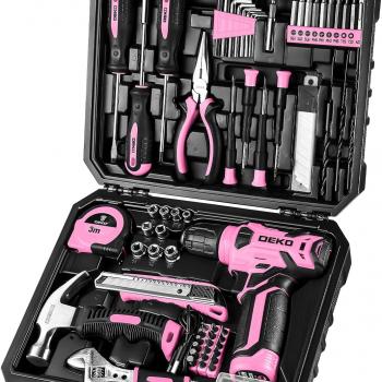 DEKOPRO Drill Set: Tool Set with 8V Pink Cordless Drill, Home Tool Kit with Drill, Hand Tool Kits for Women 126 Piece