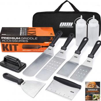 Flat Top Griddle Accessories for Blackstone and Camp Chef Griddle - 9 Pieces Set with Griddle Cleaning Kit and Carry Bag! Metal Spatula, Scraper for Hibachi and Teppanyaki Grill