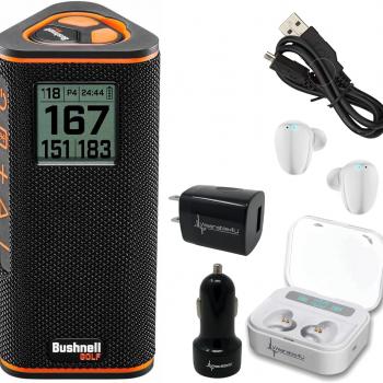 Wearable4U - Bushnell Wingman View Golf GPS Bluetooth Speaker with Ultimate White Earbuds and Wall and Car Chargers Bundle