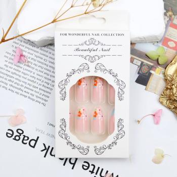 Flower Press on Nails Medium Almond Fake Nails Colorful Flower Blue Borders Designs Acrylic Artificial French Tip Press on Nails for Women Spring Summer Glue on Nails 24 Pcs