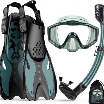 KUYOU Mask Fins Snorkeling Gear for Adults - Wide View Anti-Fog Mask, Full Dry Top Snorkel Gear Set