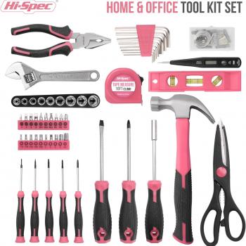 Hi-Spec 54pc Tool Set General Household Toolkit with Toolbox Storage Case, Pink Ladies Basic House DIY Tool Kit Set for Women Home Garage Office College Dormitory Use