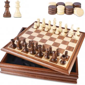 Chess and Checkers Board Game Sets for Adults Wooden Deluxe 15 inch Wood Board Box with Storage, Classic 2 in 1 Large Size with Chess Pieces - 3” King Height - 2 Extra Queens