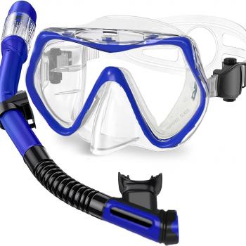 Snorkeling Gear for Adults,Otowaving Dry Snorkel Set,Panoramic View Snorkel Gear, Anti-Fog Tempered Glass Swim Mask,Snorkel for Lap Swimming Diving Scuba Training Travel Snorkel Kit