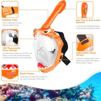 Full Face Snorkel Mask for Kids, Kids Snorkeling Set 180 Degree Panoramic View, Safe Anti-Leak Anti-Fog, Foldable Dry Top Snorkeling Gear for Kids Adult