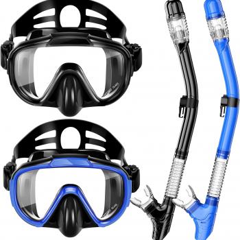 Snorkeling Gear for Adults, Zipoute Snorkel Dry Top Snorkel Set, Panoramic Anti-Leak and Anti-Fog Tempered Glass Lens, Adults Adjustable Snorkeling Set *2, Scuba Diving Swimming Couple Snorkel Kit