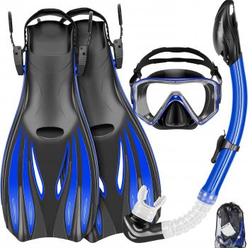 Snorkeling Gear for Adults Kids - Mask Fins Snorkel Set with Panoramic View Snorkel Mask Anti-Fog Anti-Leak, Dry Top Snorkel, Dive Flippers and Gear Bag, Snorkeling Diving Safety Gear