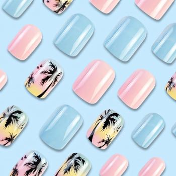 Short Press on Nails Square Fake Nails Summer Palm Tree Acrylic Nails Press ons Glossy Blue Pink Glue on Nails with Twilight Beach Designs Short False Nails Summer Artificial Nails for Women Girls