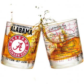 The University Of Alabama Whiskey Glass Set (2 Low Ball Glasses) - Contains Full Color Alabama Logo & Campus Map - Alabama Gift Idea for College Grads & Alumni - College Cocktail Glassware