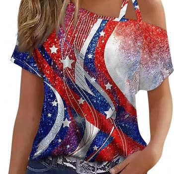 4th of July Shirts Women Off The Shoulder Tops Short Sleeve American Flag Shirts Graphic Tees Patriotic Trendy Tshirts