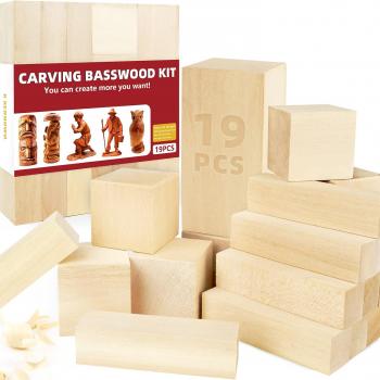 Basswood Carving Blocks, 19PCS Whittling Wood Blocks Wood Carving Kit with 3 Different Sizes, Bass Wood for Wood Carving Easy to Use, for Kids and Adults