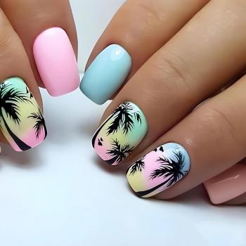 Short Press on Nails Square Fake Nails Summer Palm Tree Acrylic Nails Press ons Glossy Blue Pink Glue on Nails with Twilight Beach Designs Short False Nails Summer Artificial Nails for Women Girls