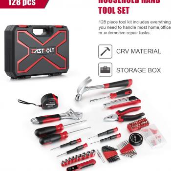 Eastvolt 128-Piece Home Repair Tool Set, Tool Sets for Homeowners, General Household Hand Tool Set with Storage Toolbox, EVHT12801, Black + Red (ASK01)