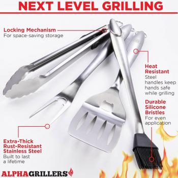 Alpha Grillers Grill Set Heavy Duty BBQ Accessories - BBQ Gifts Tool Set 4pc Grill Accessories with Spatula, Fork, Brush & BBQ Tongs - Grilling Cooking Gifts for Men Dad Durable, Stainless Steel