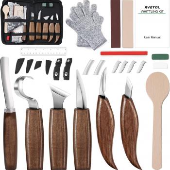 Wood Whittling Kit, Wood Carving Tools Set for Spoon Bowl Cup Woodwork, RVETOL Trimming Knife, Detail Whittling and Hook Carving Knife, with Zipper Bag Gift for Adult Pro & Beginner