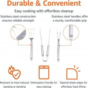 Amazon Basics 4-Piece Stainless Steel Barbeque Grilling Tool Set with Carry Bag