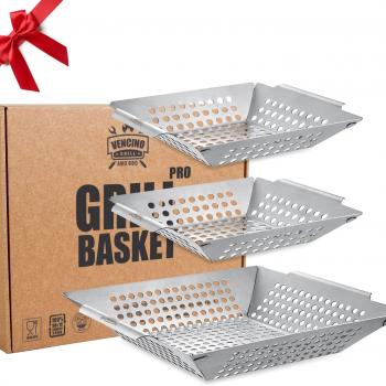 3 Pack Grill Baskets for Outdoor Grill, Heavy Duty Stainless Steel Vegetable Grill Basket, Grilling Basket for Veggies, Grilling Accessories for All Grills & Smokers - Grilling Gifts for Men