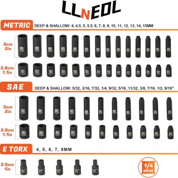 1/4 Inch Drive Impact Socket Set, 83Pcs Socket Wrench Set Metric & SAE from 4-15mm, 5/32-9/16", 6 Point CR-V Deep & Shallow Sockets Kit with 72T Ratchet Handle, E Torx, for Automotive & Home