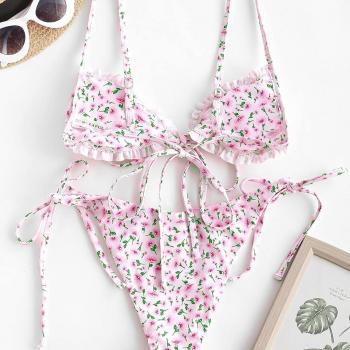 ZAFUL Women's Ditsy Floral Printed Swimsuit Underwired Knotted String Triangle Bikini High Cut Cheeky Bikini Set