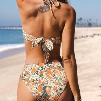 CUPSHE Bikini Set for Women Two Piece Swimsuit Bandeau Top Back Tie Mid Waisted Bottom with Removable Shoulder Straps