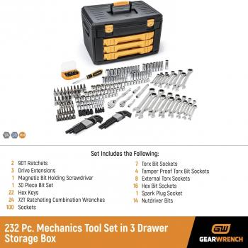 GEARWRENCH Mechanics Tool Set in 3 Drawer Storage Box, 232 Piece