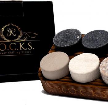 Whiskey Chilling Stones - Set of 6 Handcrafted Premium Granite Round Sipping Rocks - Hardwood Presentation & Storage Tray by R.O.C.K.S.